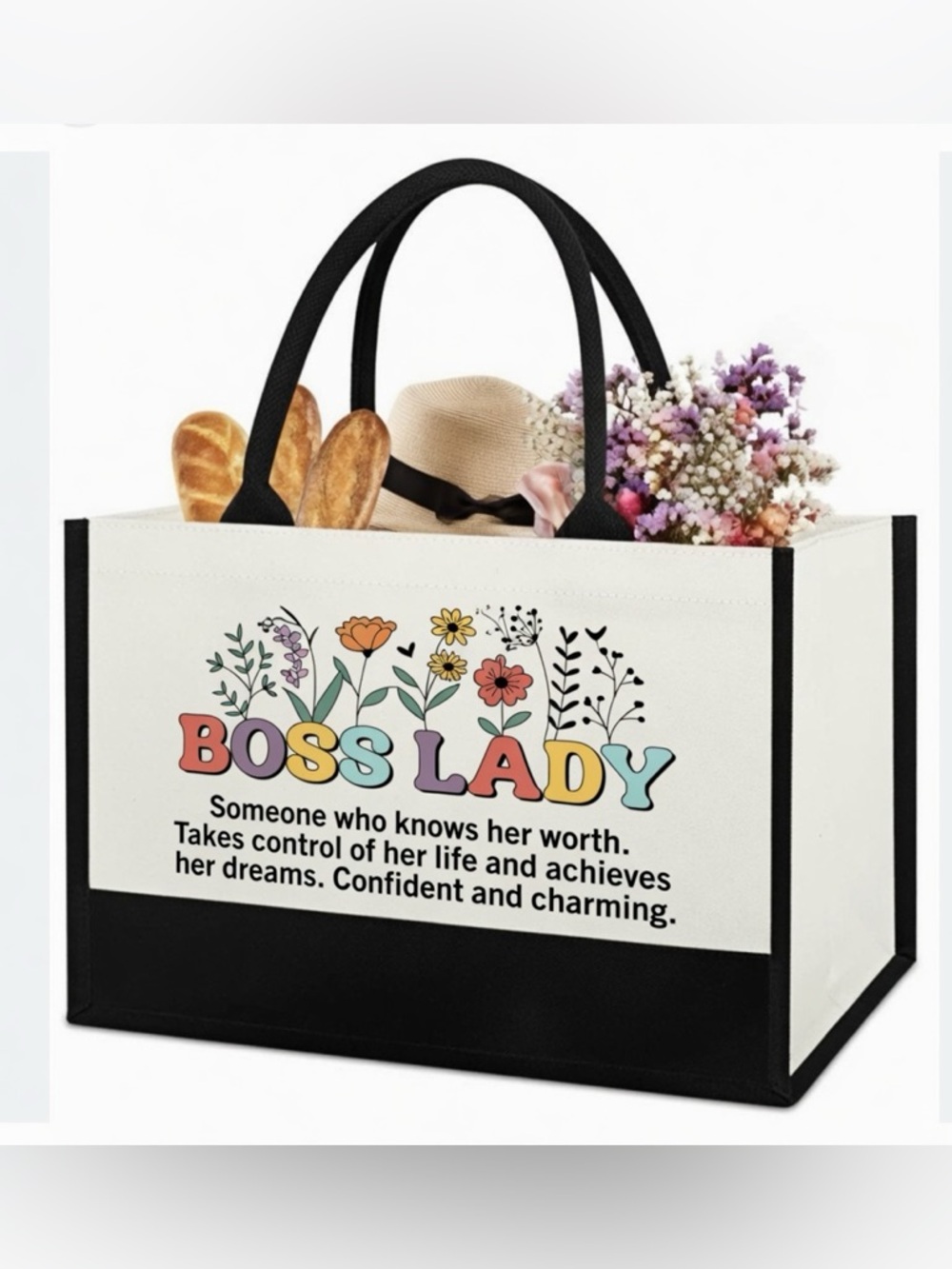 Boss Lady Canvas Tote Bag - Cream with Black Handles